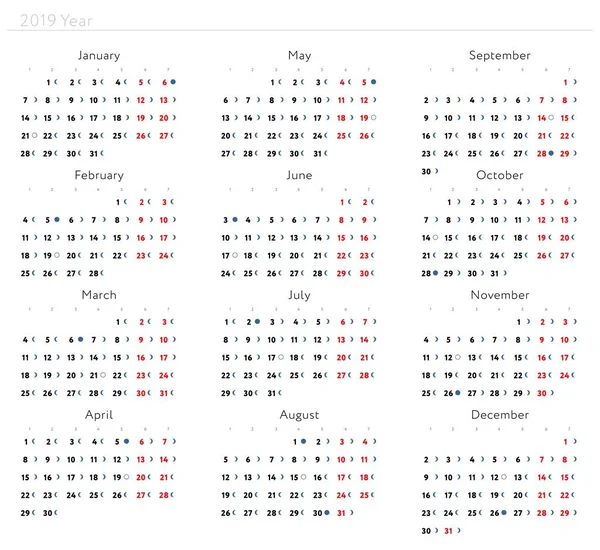 Griglia Del Calendario Regolare Con Fasi Lunari Anno 2019 — Vettoriale Stock