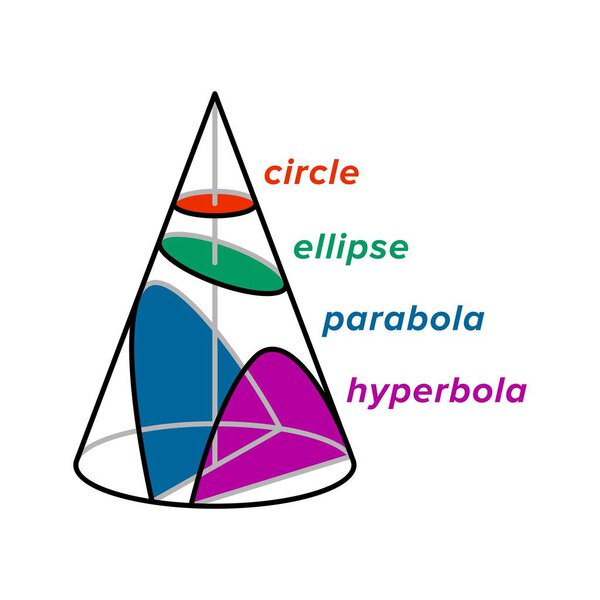 Circle, ellipse, parabola and hyperbola, curved conic section in mathematics - Vector