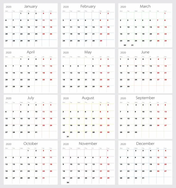 Calendario Vectorial 2020 Versión Inglés — Vector de stock