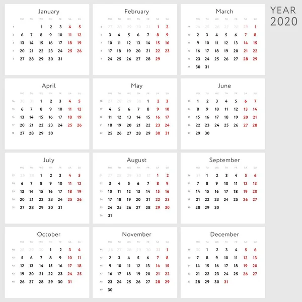 Calendario Vectorial 2020 Versión Inglés — Vector de stock