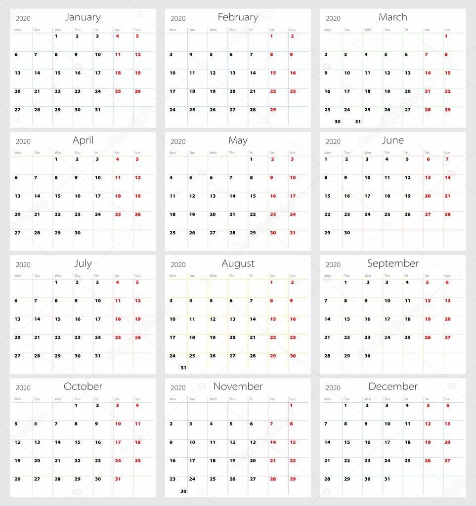 Vector calendar 2020 (English version)