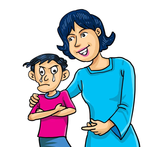 妈妈和她哭哭啼啼的儿子的漫画 她劝儿子不要误会她的意思 而要冷静下来 — 图库矢量图片