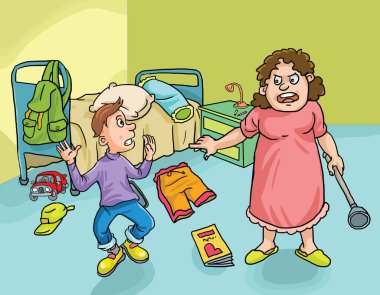 Öfkeli anne dağınık yatak odasındaki oğluna.