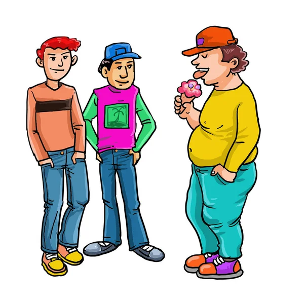 漫画の二人の細い男の子と一人の太った男の子食べるアイスクリーム — ストックベクタ