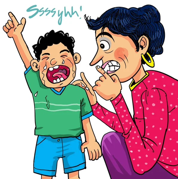 Cartoon Mother Her Crying Boy — Stock Vector