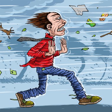 Rüzgarlı havada yürüyen bir adamın karikatürü.