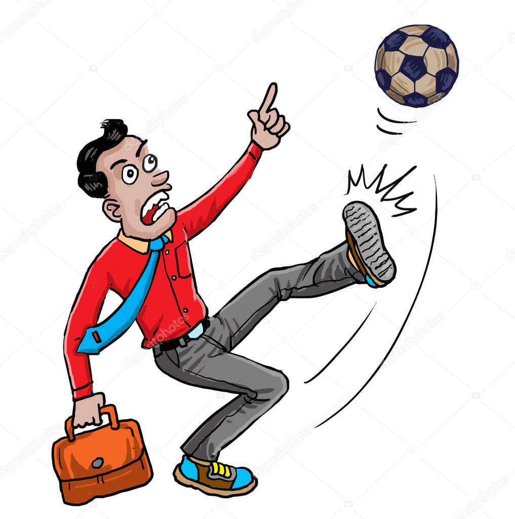Businessman kicked the ball to the sky. Succesful concept cartoon.