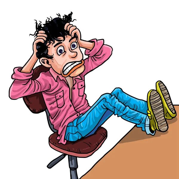 怒りの表情で髪を引っぱって若い男をストレス 漫画の描画 — ストックベクタ
