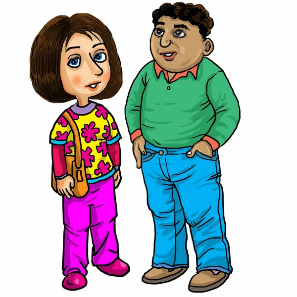 Par Gordito Chico Delgada Chica Dibujos Animados — Vector de stock