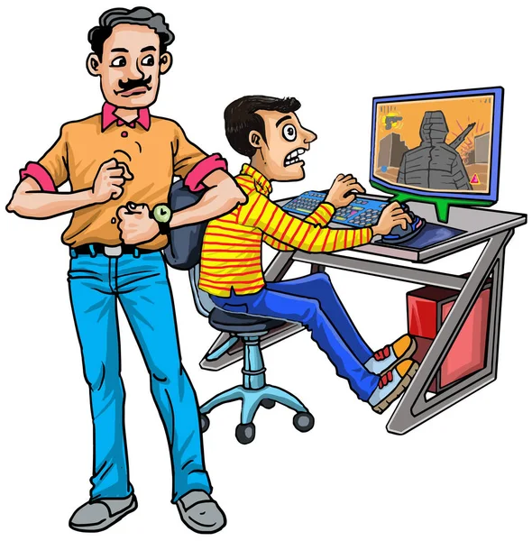 Çevrimiçi Oyunları Olan Bağımlı Çocuğuyla Öfkeli Baba — Stok Vektör