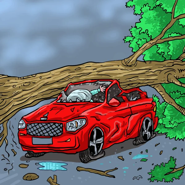 Illustration the tree falling on the car makes damaged the car. — Stock Illustration Illustration Tree Falling Car Makes Damaged Car Stock Vector