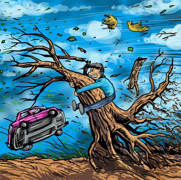 Strong Winds Pushing Man Tree Car — Stock Vector