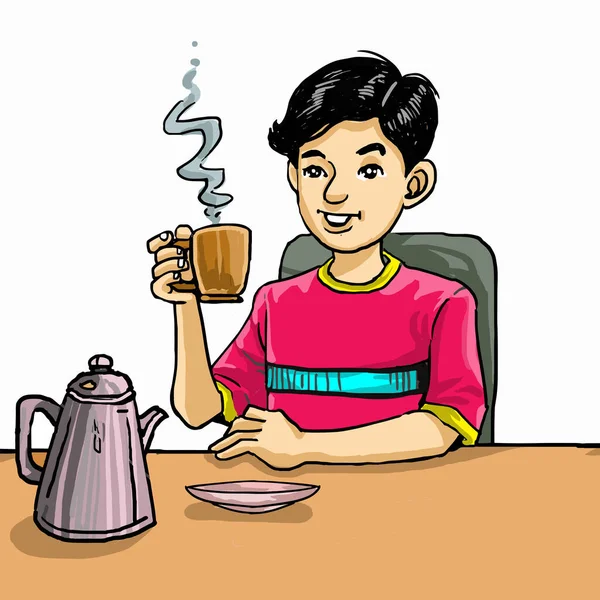 Desenhos Animados Menino Bebe Uma Xícara Café Quente — Vetor de Stock