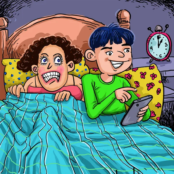 Esposa Irritada Quando Marido Ocupado Com Smartphone Cama — Vetor de Stock