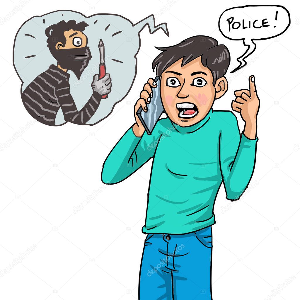 A boy makes an emergency call to the police station. He asking the police to catch the thief.