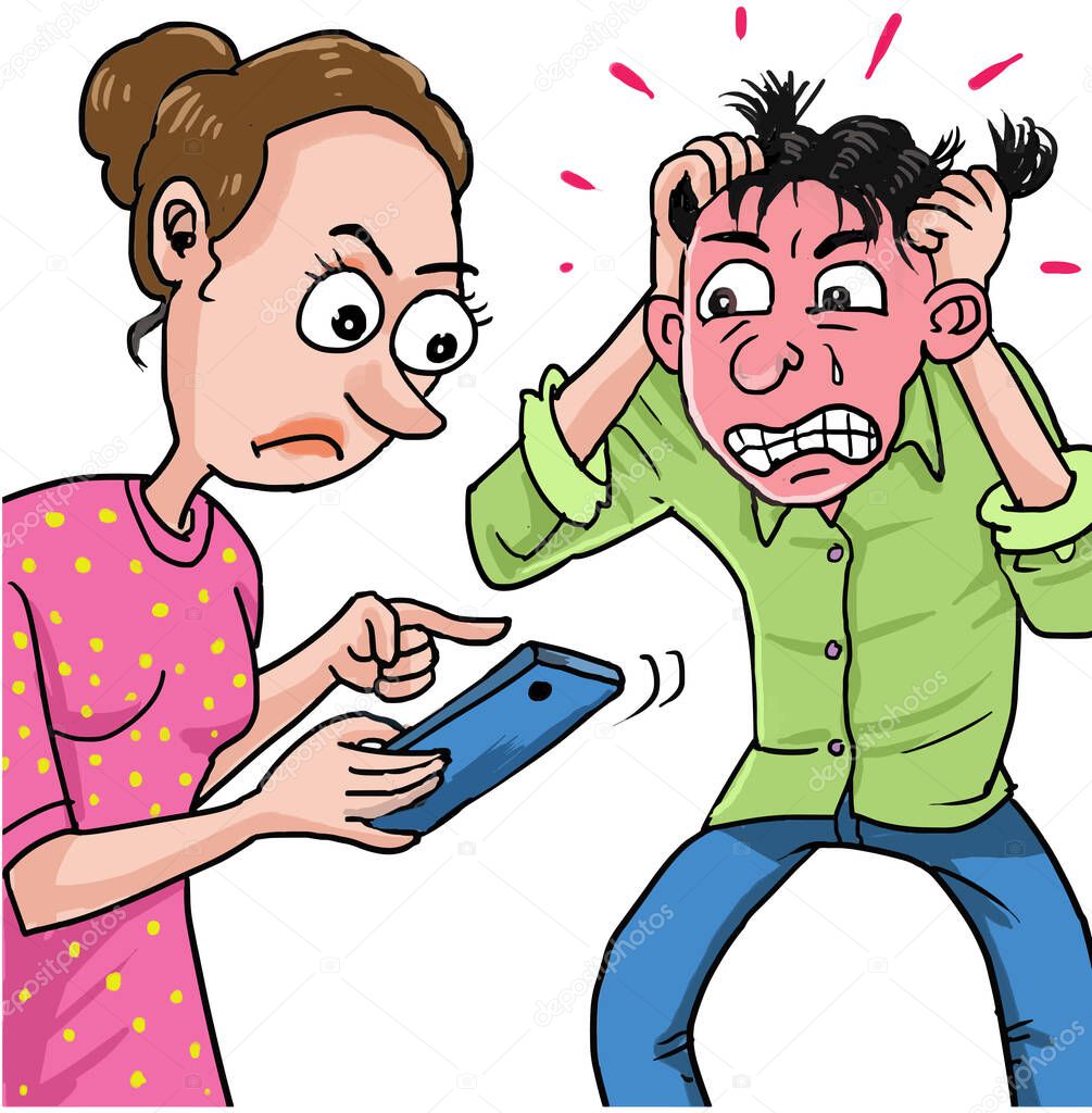 Fear man while his wife checking his smartphone activities