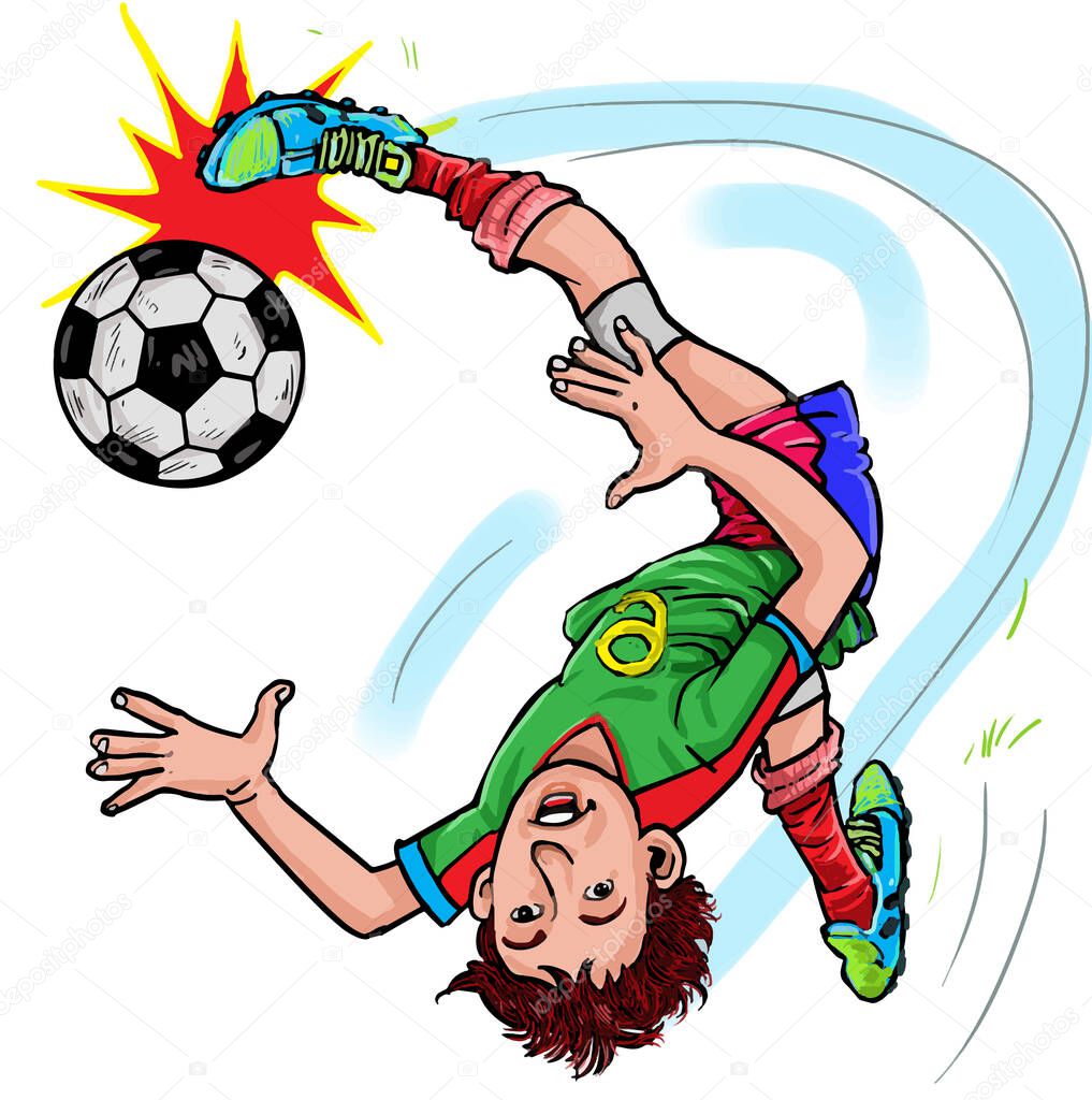 Soccer player kicked the ball on the sky