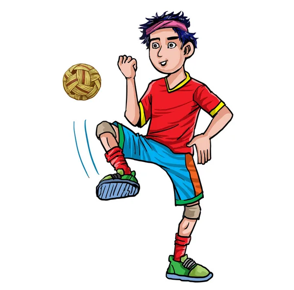 Rapaz Jogar Sepak Levou Jogos Crus Sepak Takraw Jogo Tradicional — Vetor de Stock
