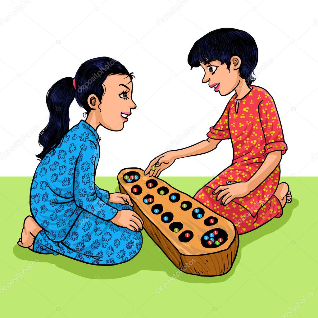  Two Malay girls playing a traditional game well-known call Congkak. 