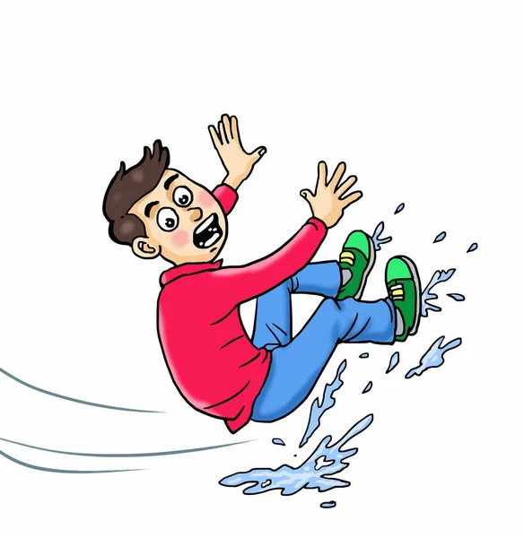 Çocuk ıslak yola bastı ve düştü.