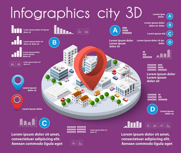 Stad Isometrische Kleurrijke Infographics Zijn Diagram Bouw Weg Park Vervoer — Stockvector