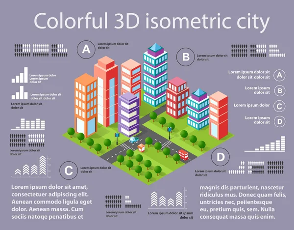 Stad Isometrische Kleurrijke Infographics Zijn Diagram Bouw Weg Park Vervoer — Stockvector