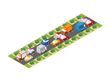 Yol izometrik 3d şehir arabalar, ağaçlar, kentsel altyapı ile sokak