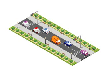 Yol izometrik 3d şehir arabalar, ağaçlar, kentsel altyapı ile sokak