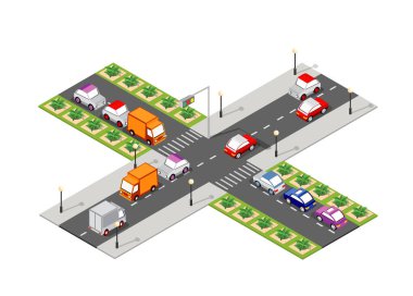 Otomobilleri, ağaçları, kentsel altyapısı olan üç boyutlu kesişen yol.