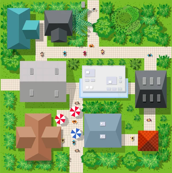 五颜六色的城市的顶部看法与房子 街道和树屋顶的路 — 图库矢量图片