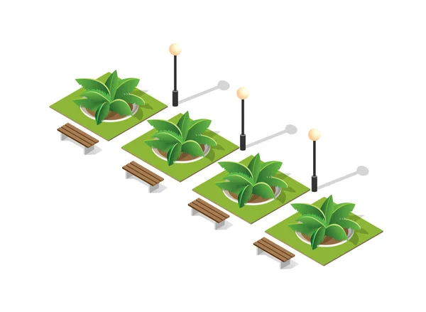 สวนธรรมชาต นไม Isometric งและโคมไฟ — ภาพเวกเตอร์สต็อก