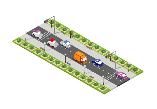 Carretera Isométrica Calle Ciudad Con Coches Árboles Infraestructura Urbana — Vector de stock