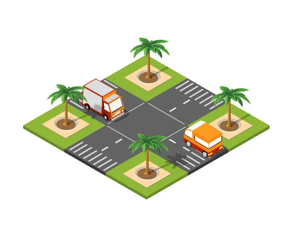 Crossroad Road Isometric City Street Con Auto Alberi Infrastrutture Urbane — Vettoriale Stock