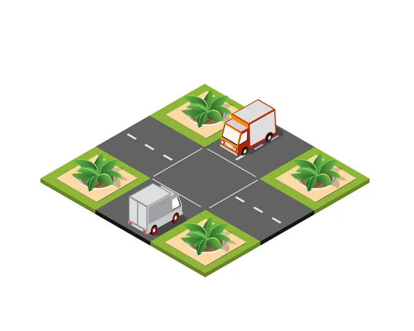 Droga Krzyżowa Izometryczna Ulica Miasta Samochodami Drzewami Infrastrukturą Miejską — Wektor stockowy
