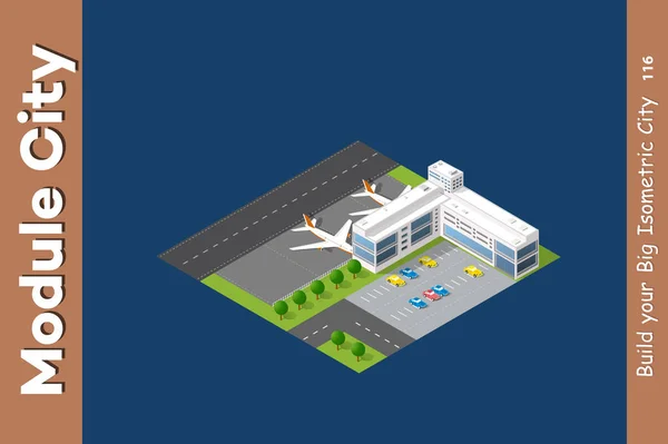 Isometrisk City Flygplats Landningsbana Landskap Infrastruktur Med Vägar Gator Hus — Stock vektor