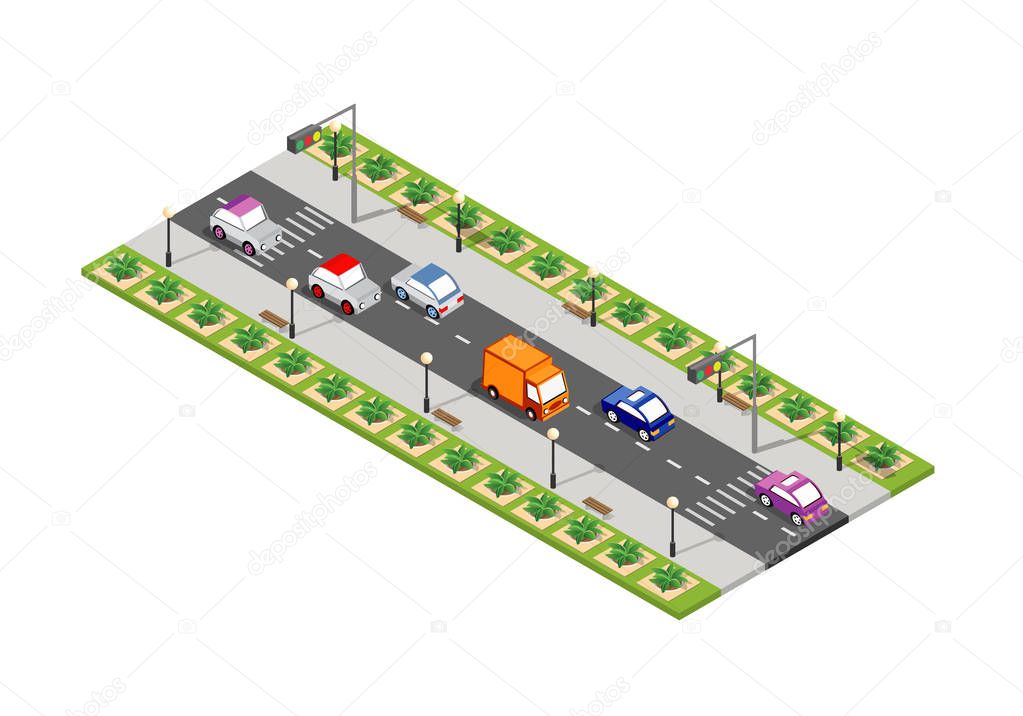 Road isometric 3D city street with cars, trees, urban infrastructure