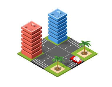 Yollar, sokaklar, evler, gökdelenler ve ağaçlar ile izometrik şehir manzara altyapı.