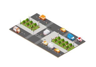 Sokakların yollar, arabalar, ağaçlar ile izometrik 3d şehir kavşak trafik sıkışıklığı. Kasaba sanayi peyzaj.