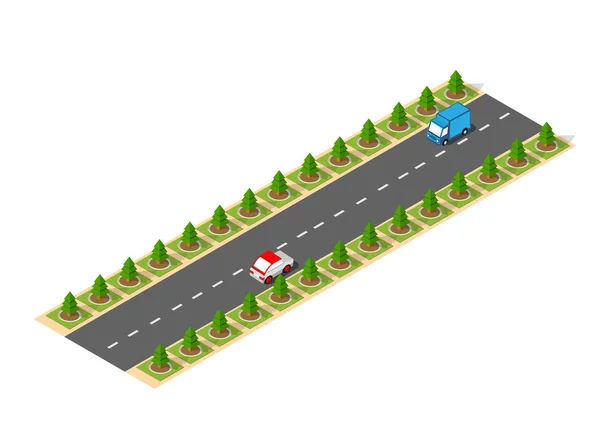 Podmiejskich Dużych Prędkości Autostrady Izometryczny Samochodów Korków Drzew — Wektor stockowy