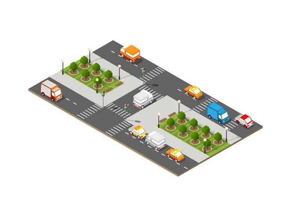 City Isometric Intersection Traffic Jam Streets Roads Cars Trees Town — Stock Vector