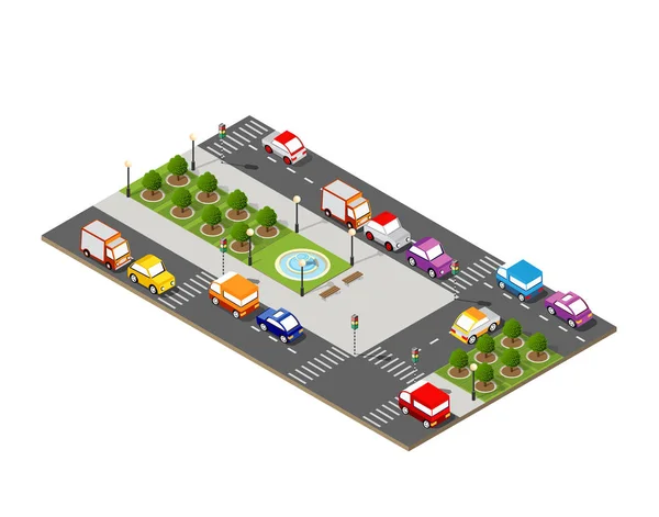 City Isometric Intersection Traffic Jam Streets Roads Cars Trees Town — Stock Vector