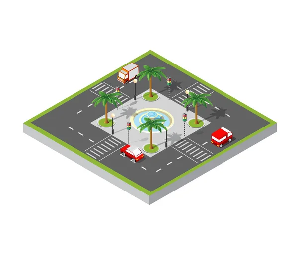 Persimpangan Jalan Isometrik Kota Macet Dengan Jalan Mobil Pohon Kota - Stok Vektor