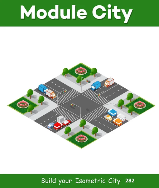 Sokakların yollar, arabalar, ağaçlar ile izometrik 3d şehir kavşak trafik sıkışıklığı. Kasaba sanayi peyzaj.