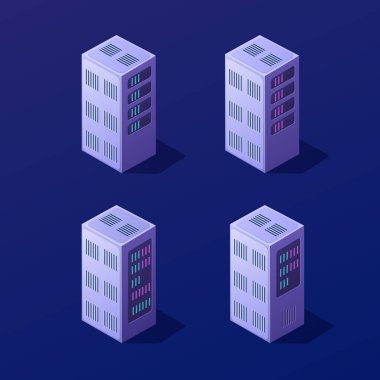 İzometrik 3d set blockchain veri bilgisayar nesneleri, cryptocurrency sunucu barındırma, bulut depolama yeri merkezi. Menekşe vektör çizim
