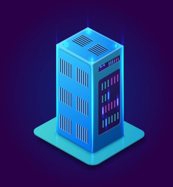 İzometrik 3d blockchain veri bitcoin merkezi bilgisayar nesneleri, cryptocurrency sunucu barındırma, depolama yeri bulut. Menekşe vektör çizim