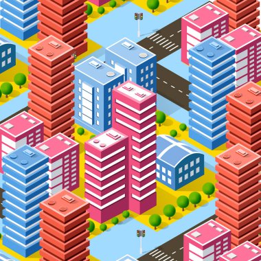 İzometrik 3d şehir megapolis yapı kentsel peyzaj sokaklar, evler, ağaçlar ve taşıma Üstten Görünüm