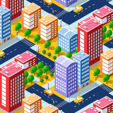 İzometrik 3d şehir megapolis yapı kentsel peyzaj sokaklar, evler, ağaçlar ve taşıma Üstten Görünüm
