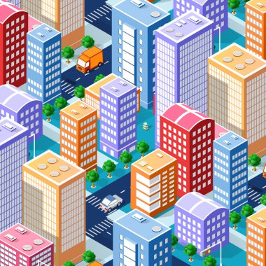 İzometrik 3d şehir megapolis yapı kentsel peyzaj sokaklar, evler, ağaçlar ve taşıma Üstten Görünüm