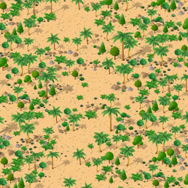 İzometrik doğal peyzaj palmiye ağaçları, bir çöl kum, taş ve çalılar ile vektör çizim. Kavramsal 3d grafik arka planı için.