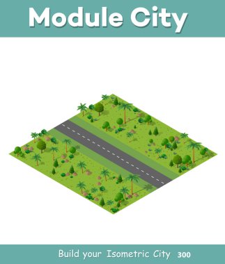 Şehir sokaklarını Bahçe şehir peyzaj park. yollar ve caddeler 3D izometrik görünümünden. Düz silueti boyutlu görünüm.
